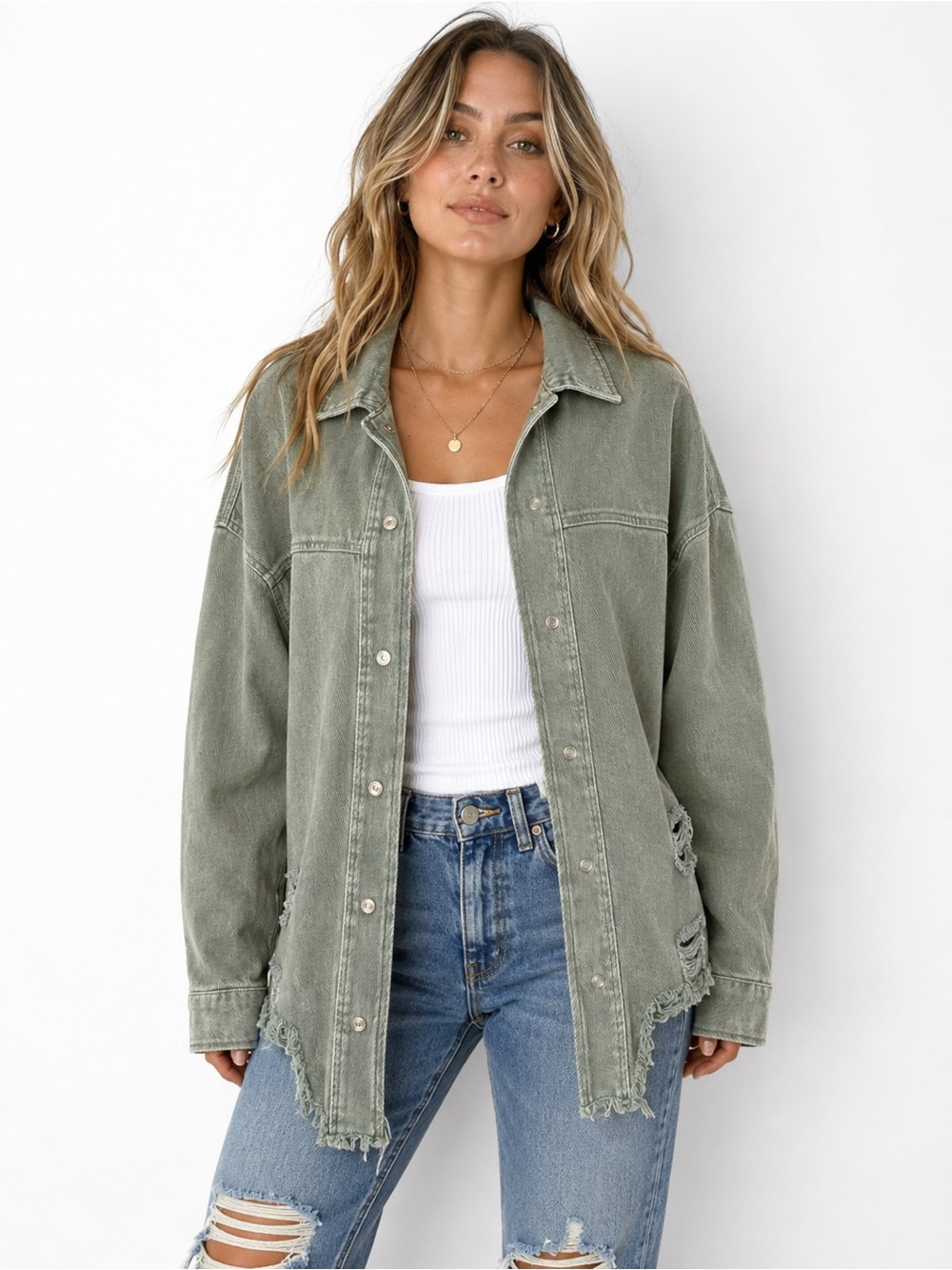 12th Tribe Olive Distressed Denim Shacket Oversized One Size